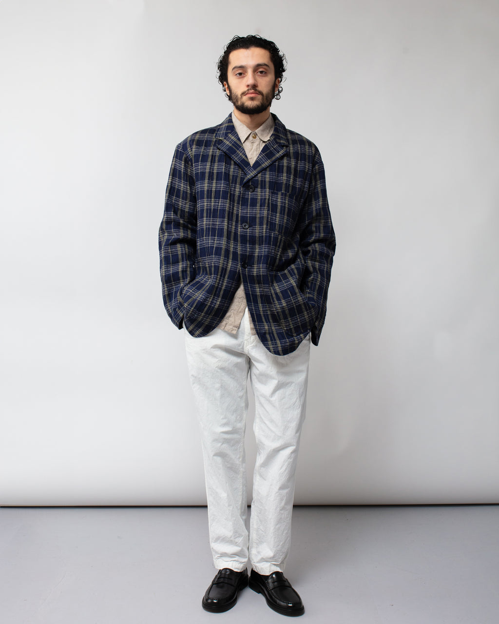 Linen Check Tailored Jacket Navy