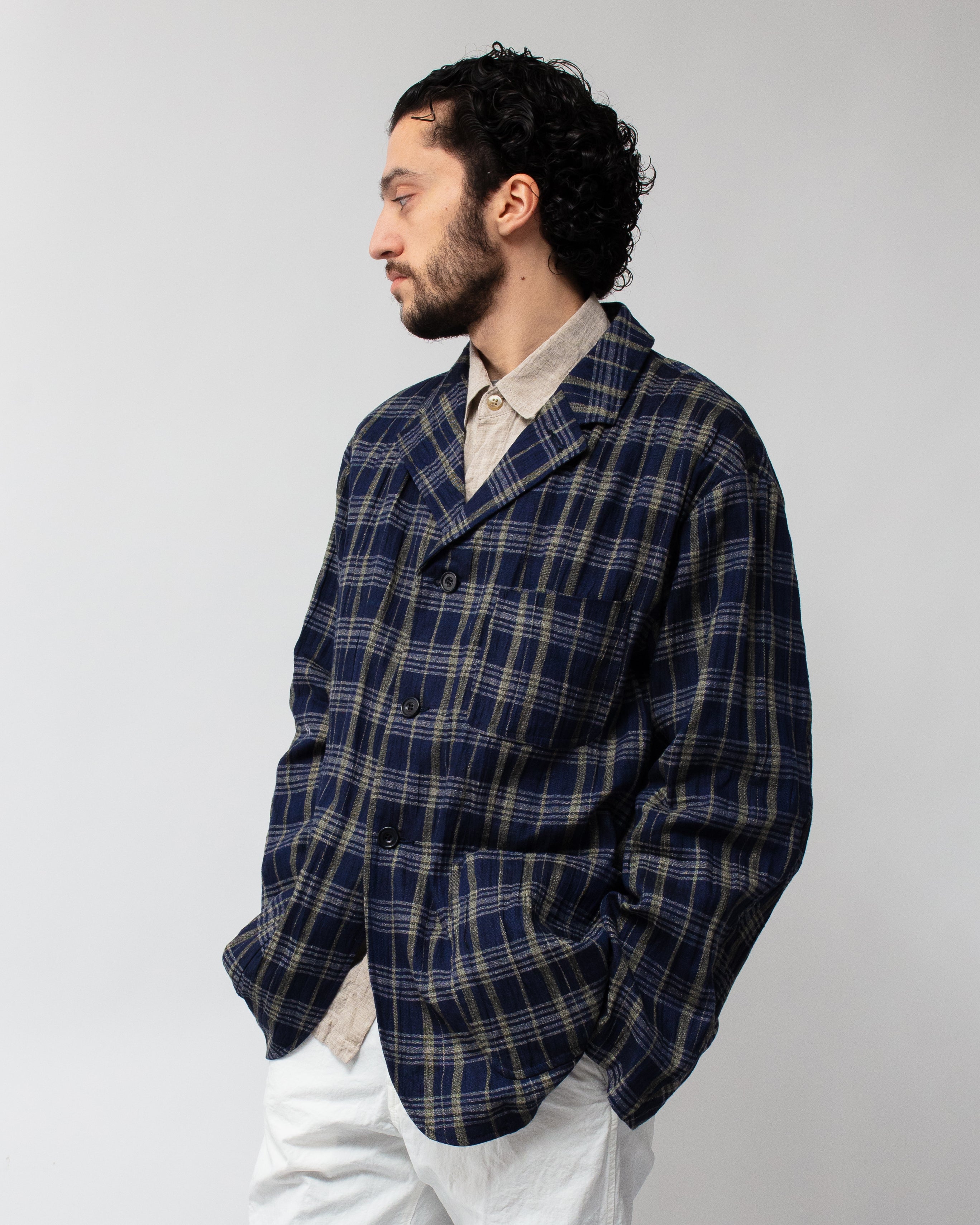 Linen Check Tailored Jacket Navy