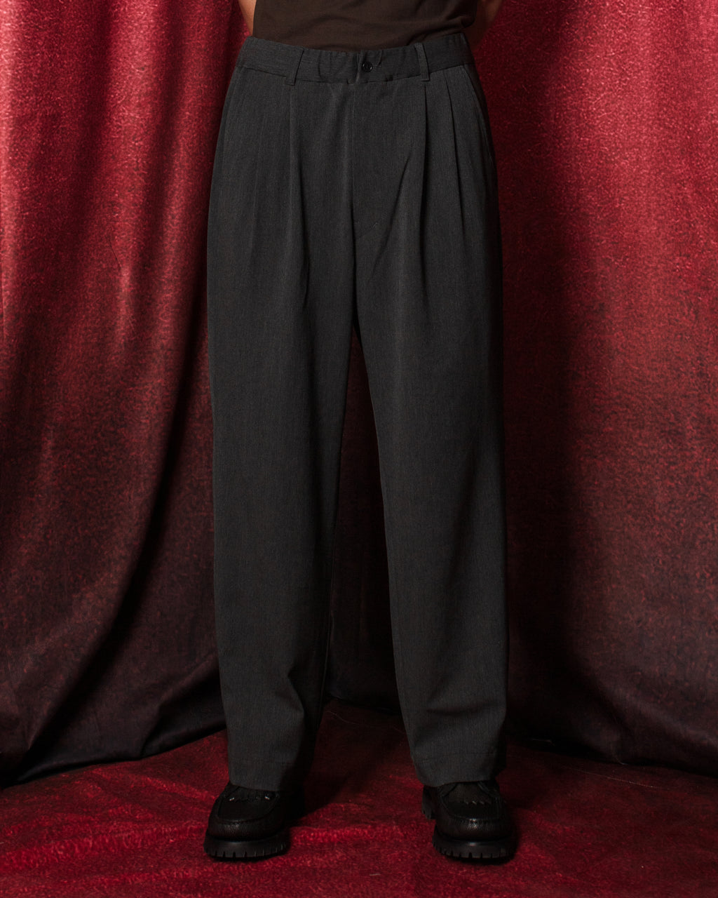 Twill Stretch Wide Double Pleated Easy Pants Charcoal