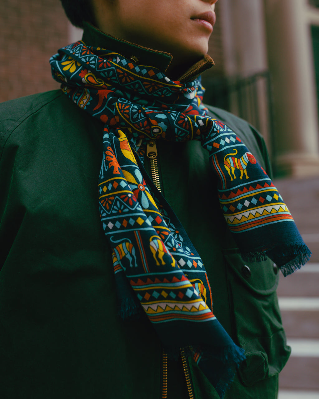 Elephants and Flowers Print Scarf Navy