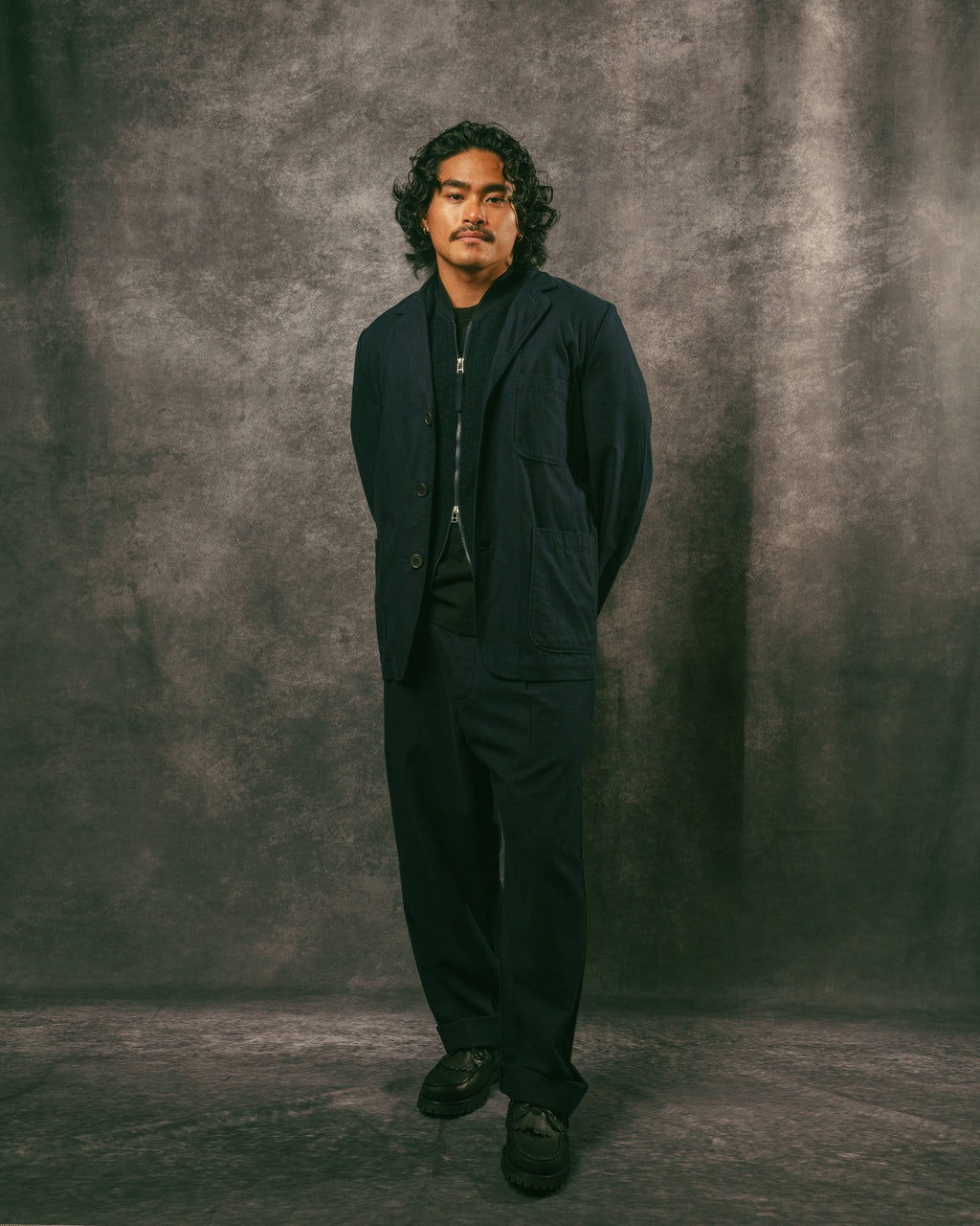 Three Button Jacket Navy Brushed Moleskin