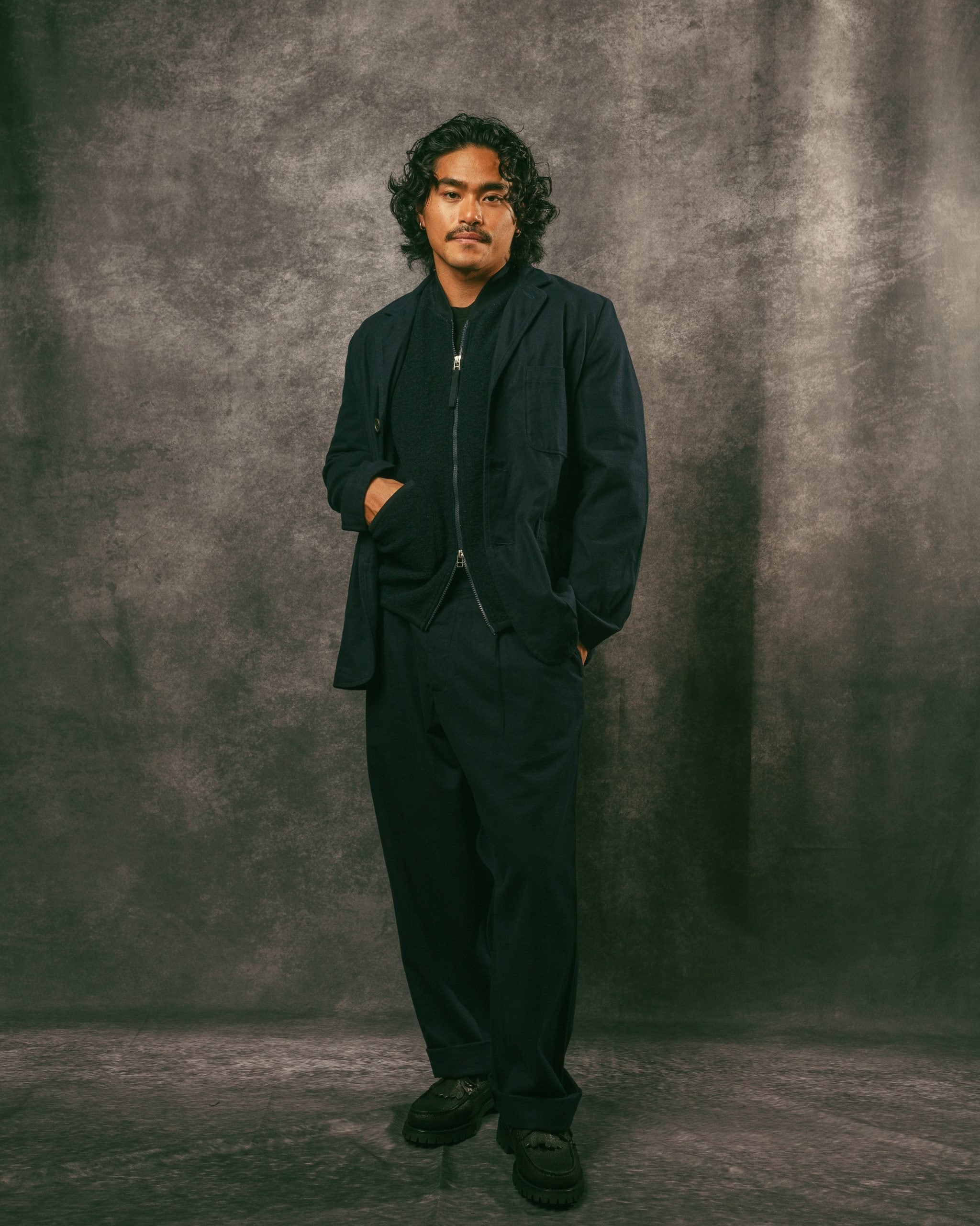 Three Button Jacket Navy Brushed Moleskin