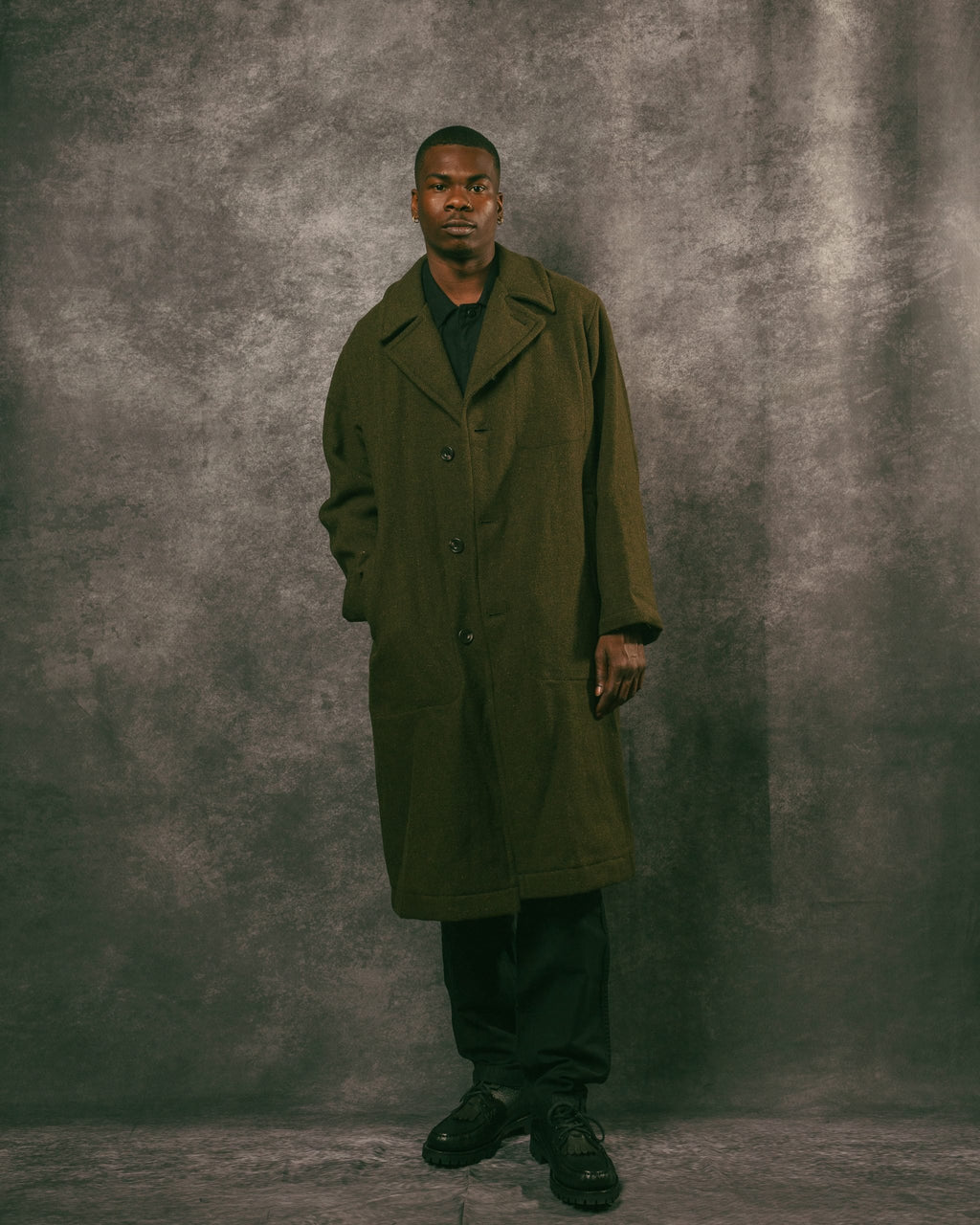 Harris Tweed Ulster Collar Long Coat - Olive