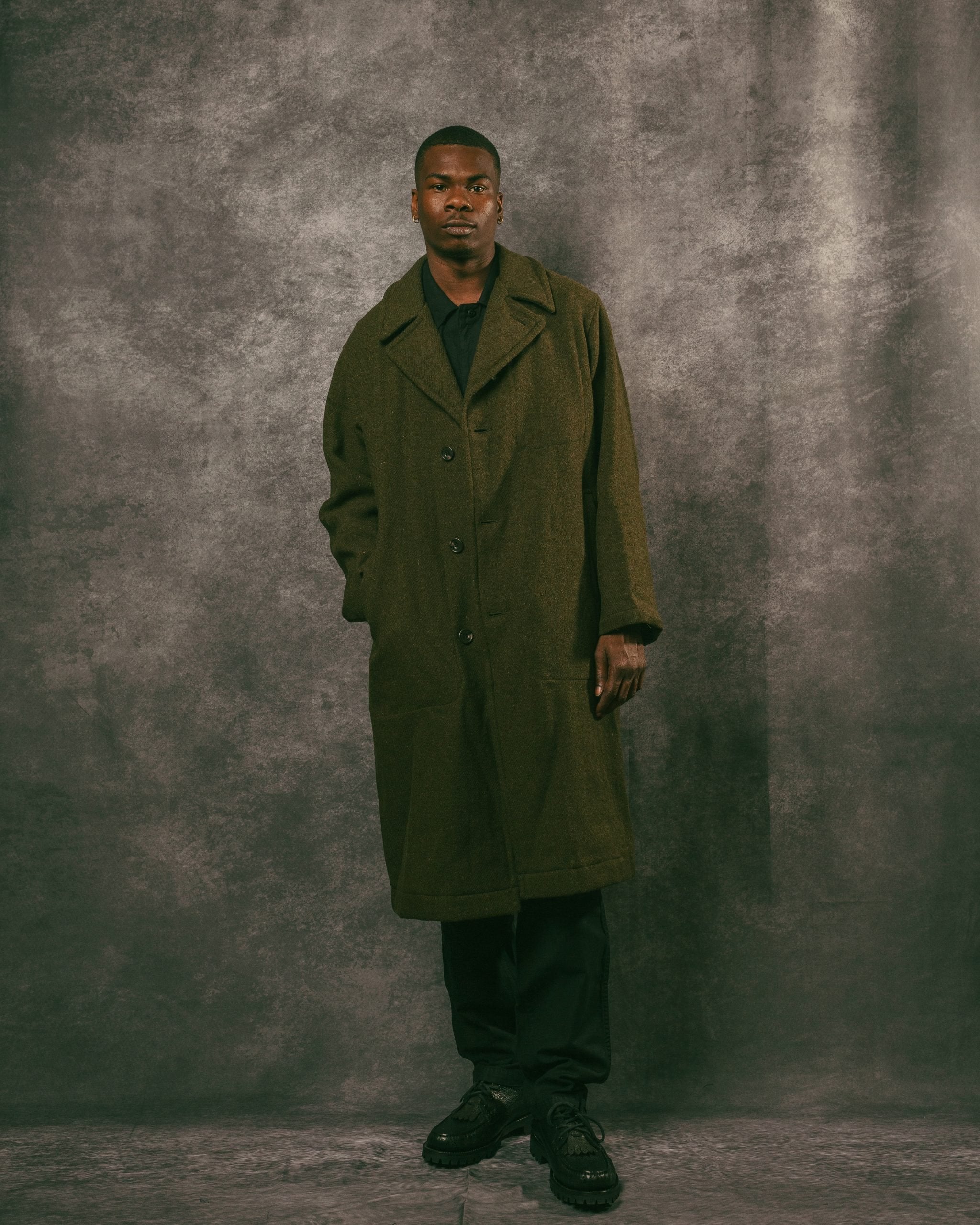 Harris Tweed Ulster Collar Long Coat - Olive