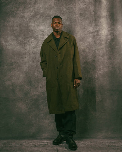 Harris Tweed Ulster Collar Long Coat - Olive