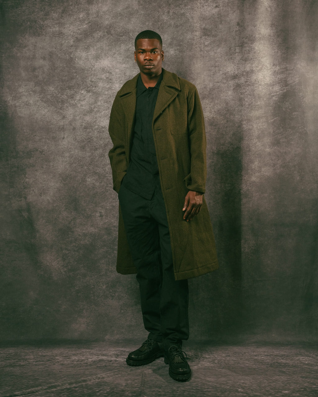 Harris Tweed Ulster Collar Long Coat - Olive