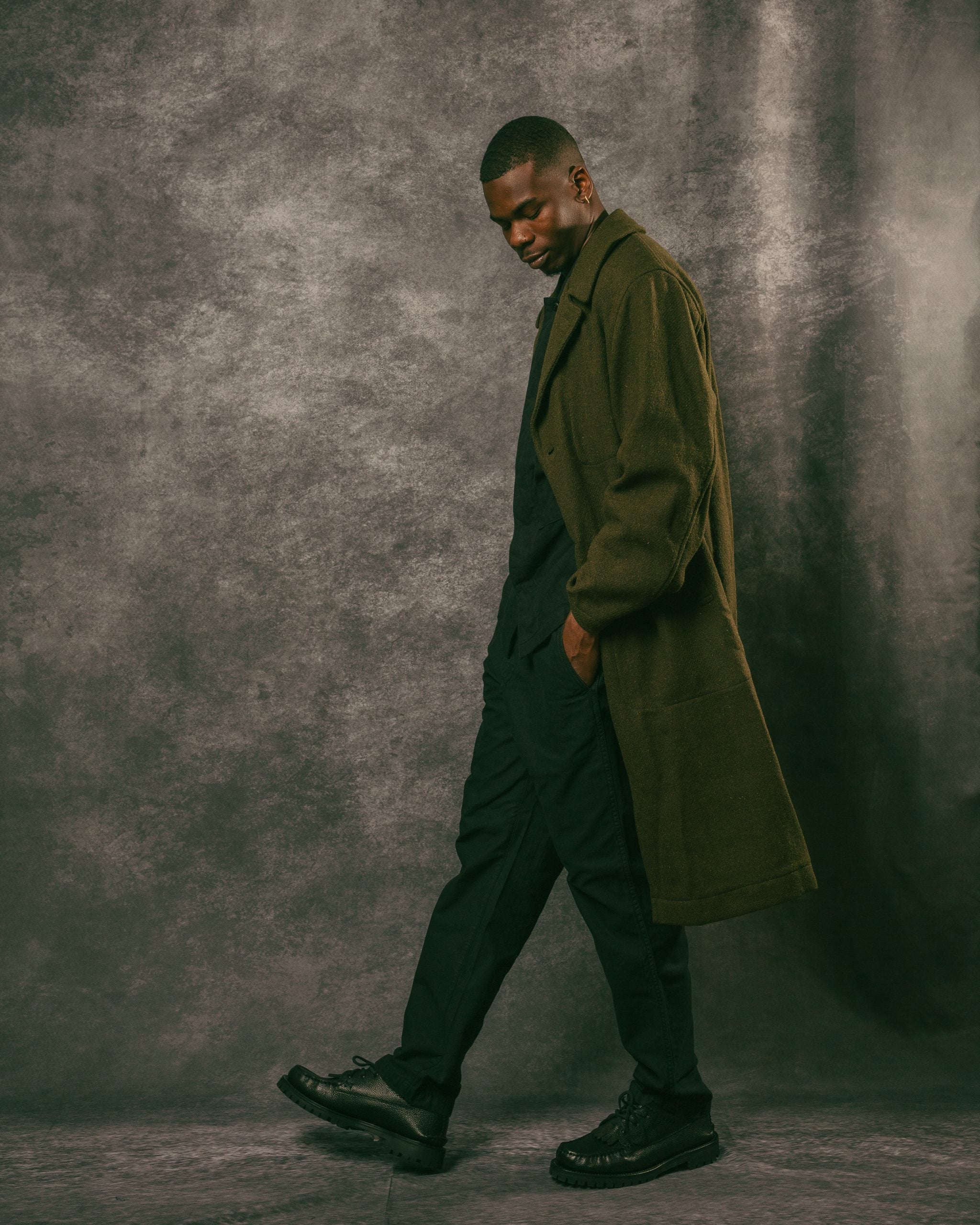 Harris Tweed Ulster Collar Long Coat - Olive