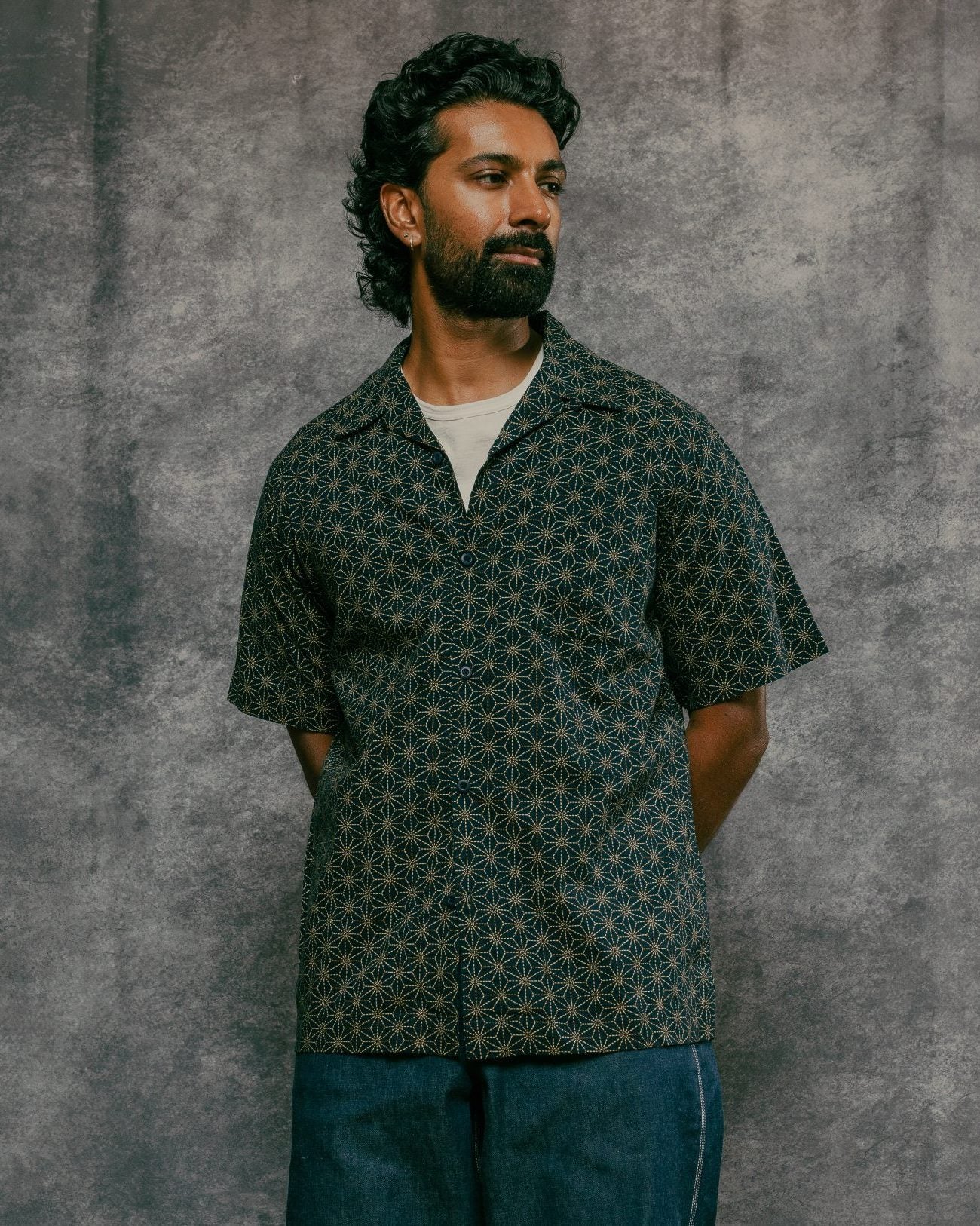 Wagara Navy Camp Collar Shirt