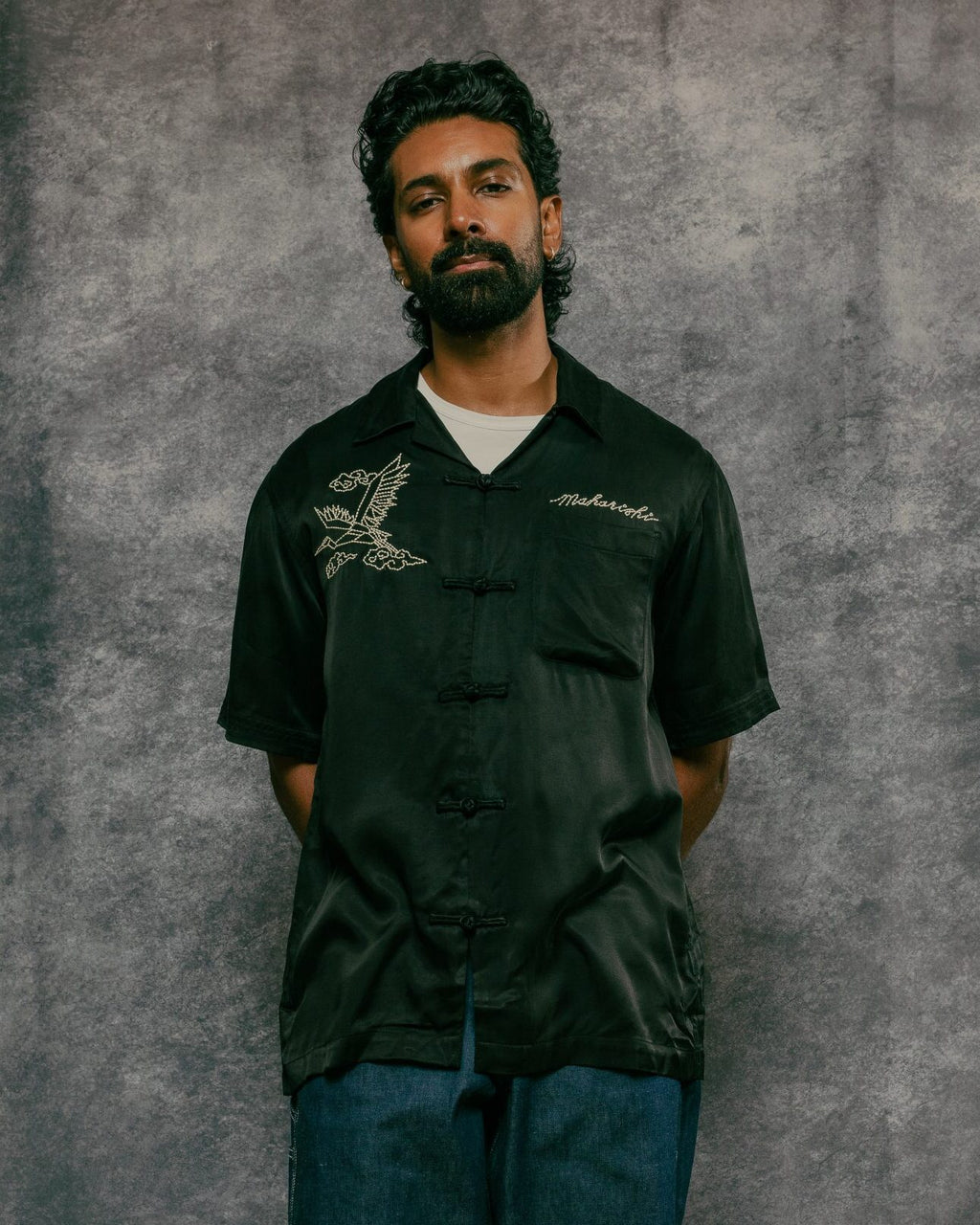 Year of the Crane Shirt Black Japanese Cupro Twill