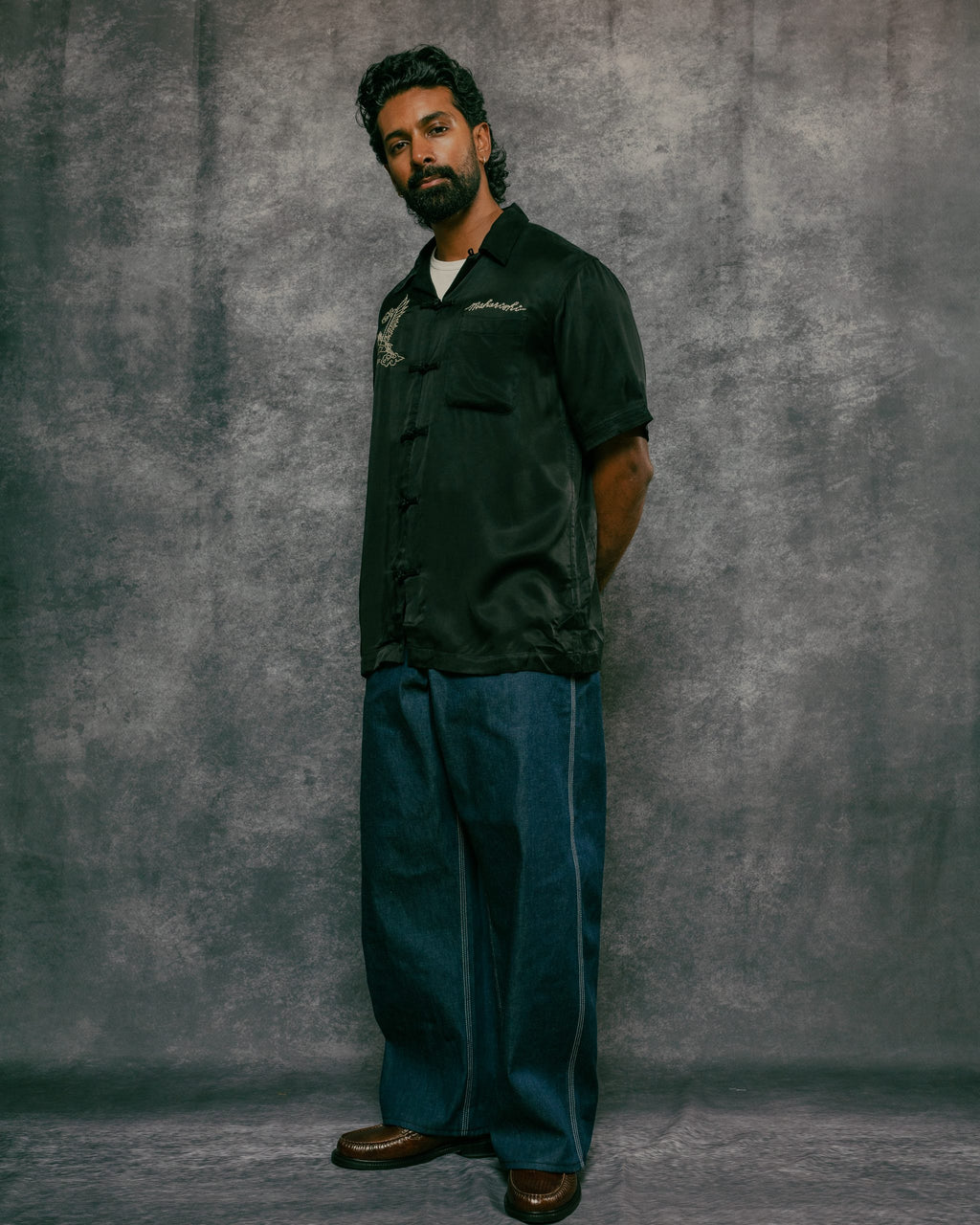 Year of the Crane Shirt Black Japanese Cupro Twill