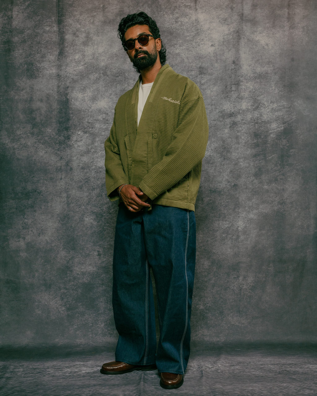 Embroidered Waffle Olive Kimono Overshirt