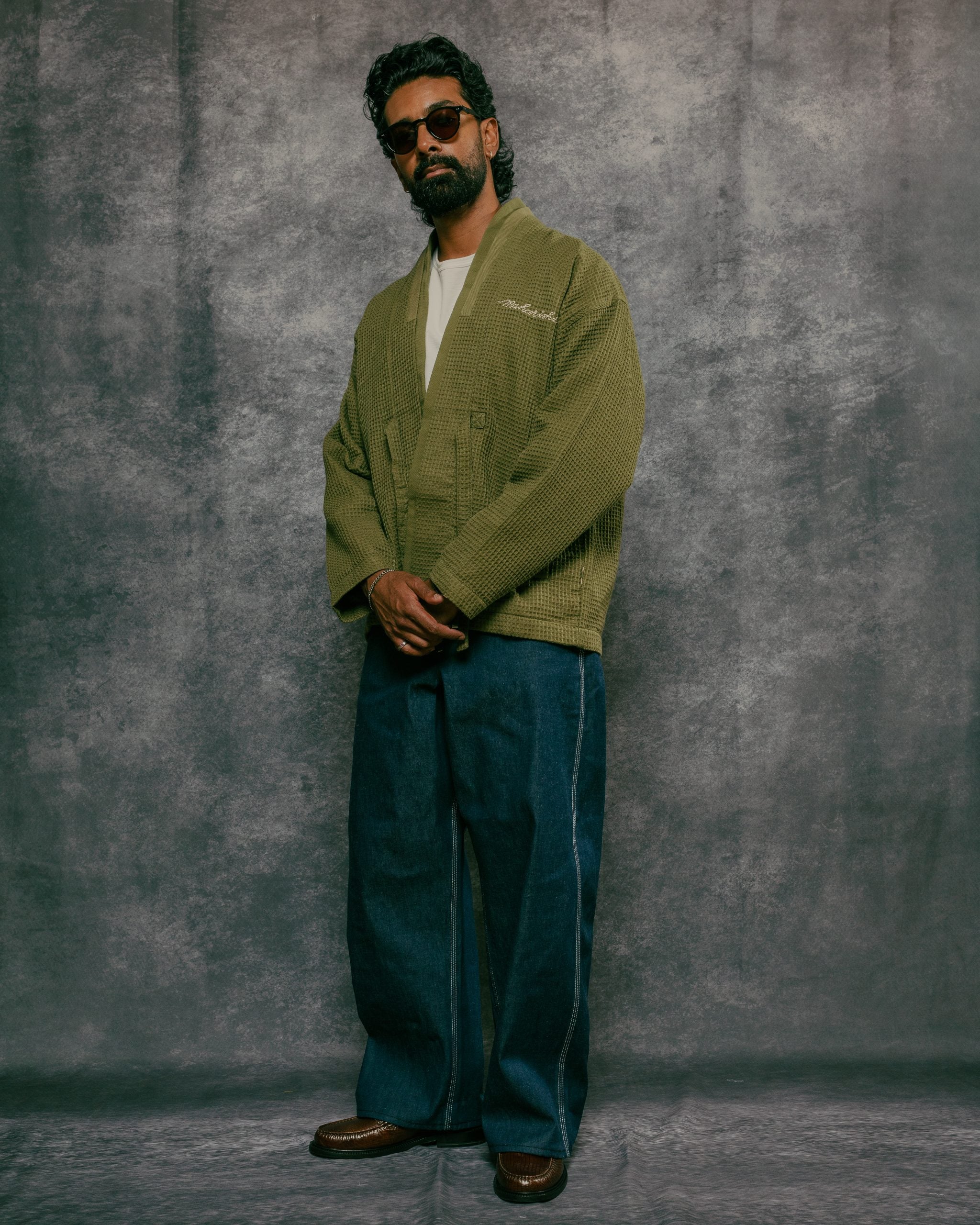 Embroidered Waffle Olive Kimono Overshirt