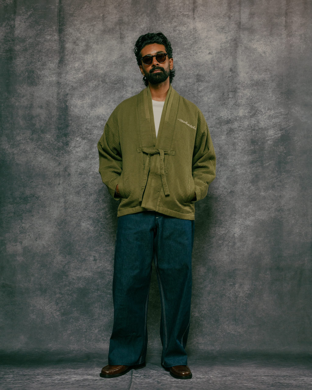 Embroidered Waffle Olive Kimono Overshirt