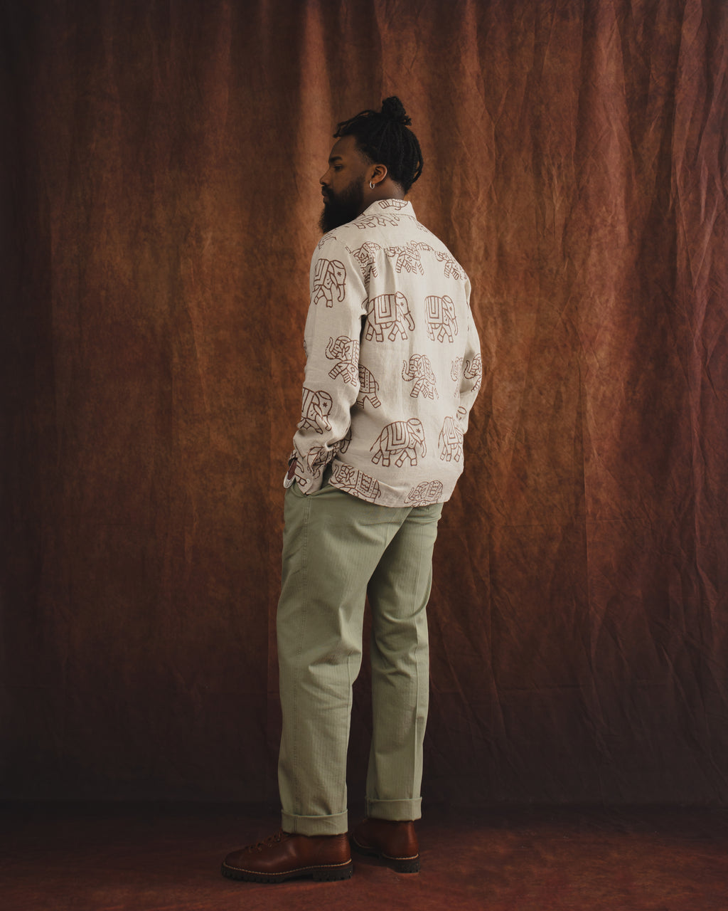 Elephants Block Print LS Camp Collar Brown