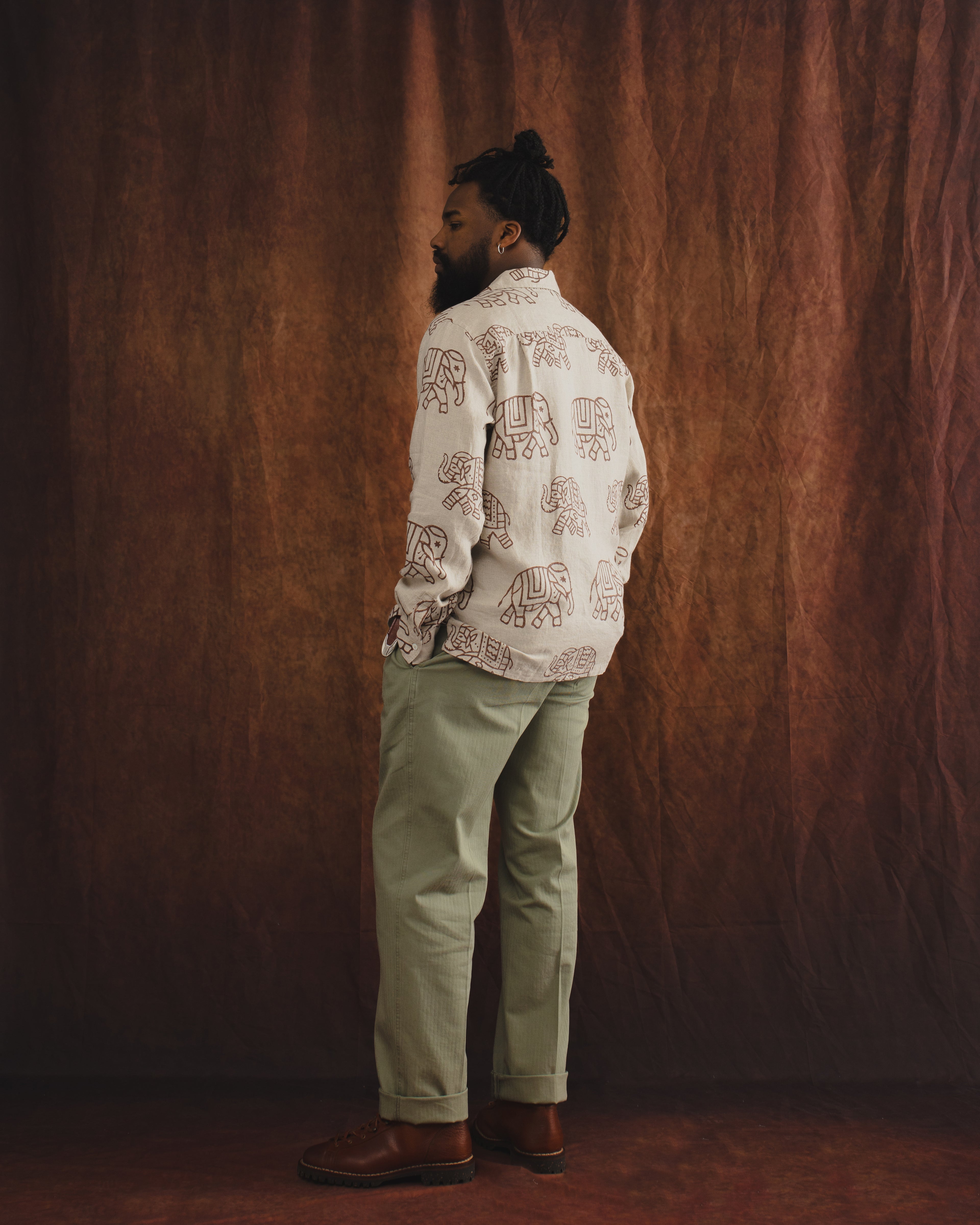 Elephants Block Print LS Camp Collar Brown