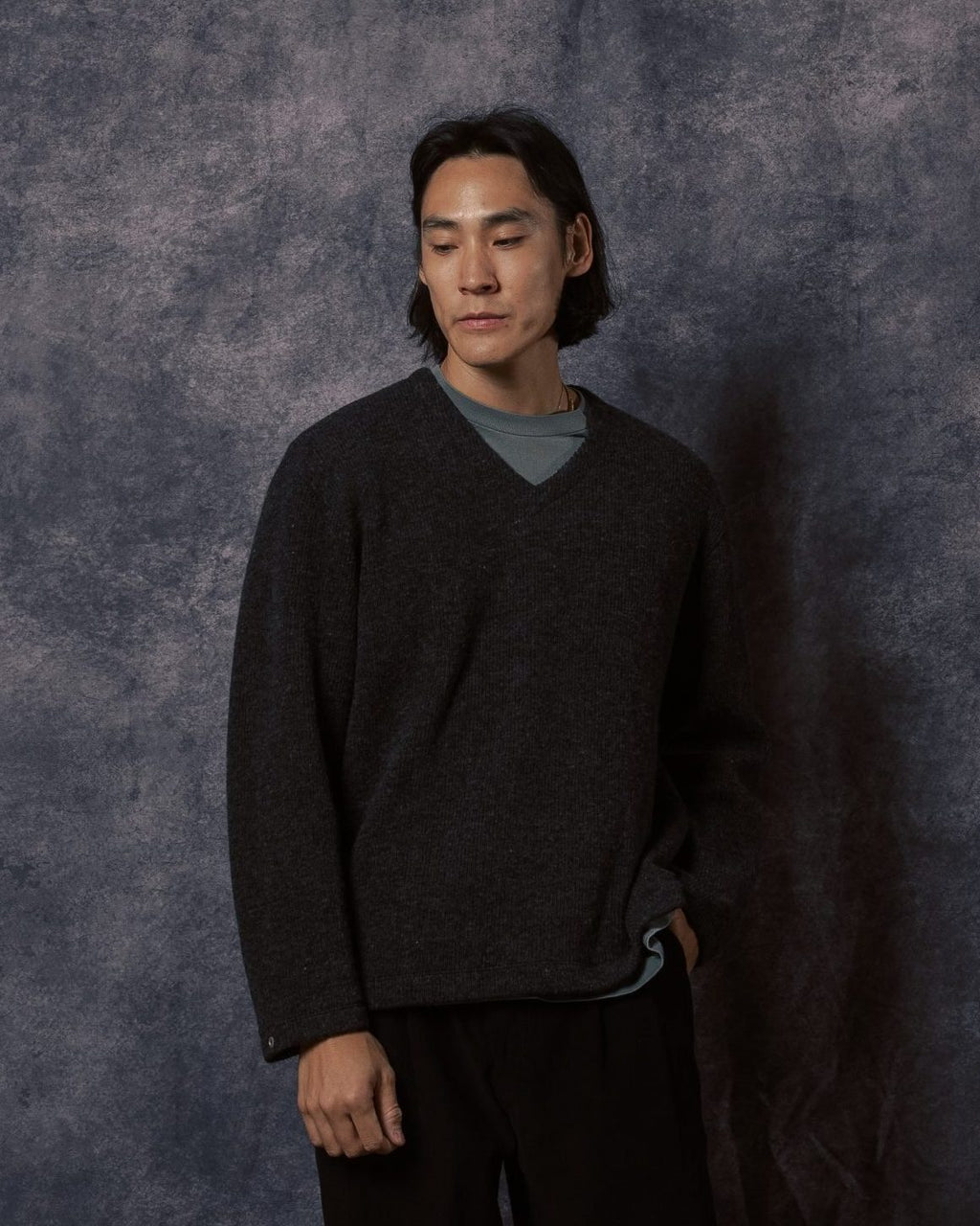 V Neck Snap Sweater Charcoal