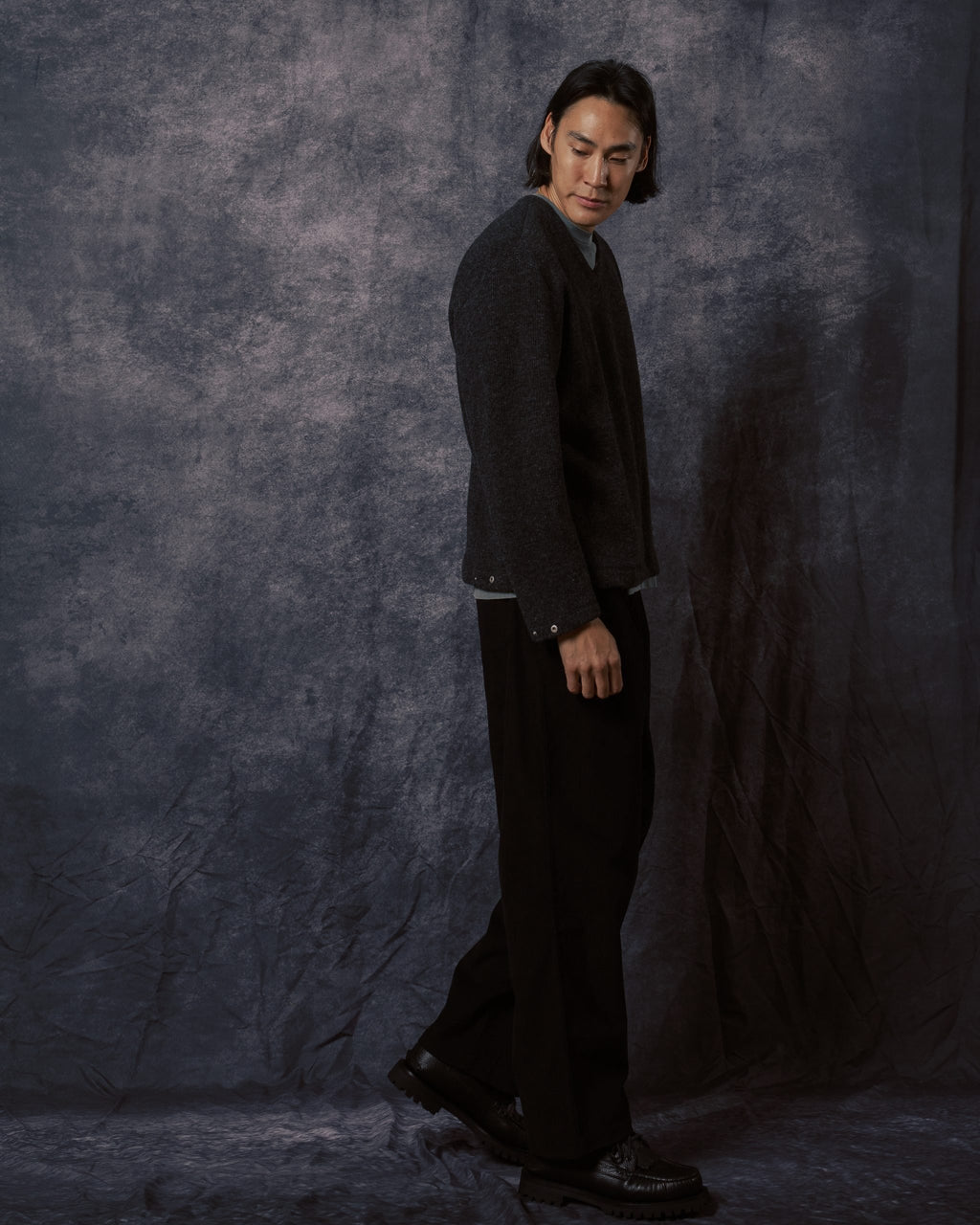 V Neck Snap Sweater Charcoal