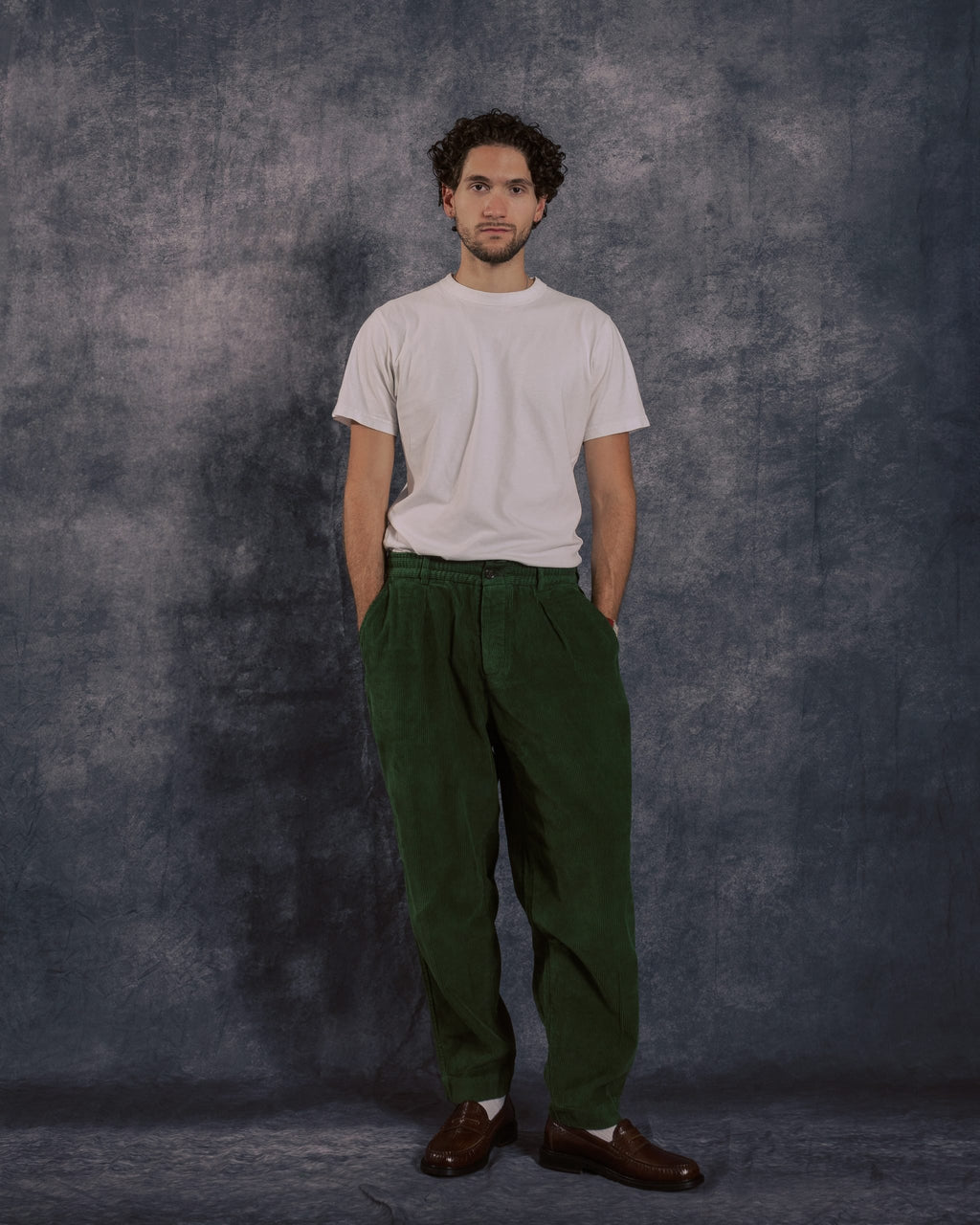 Pleated Track Pant Green Corduroy