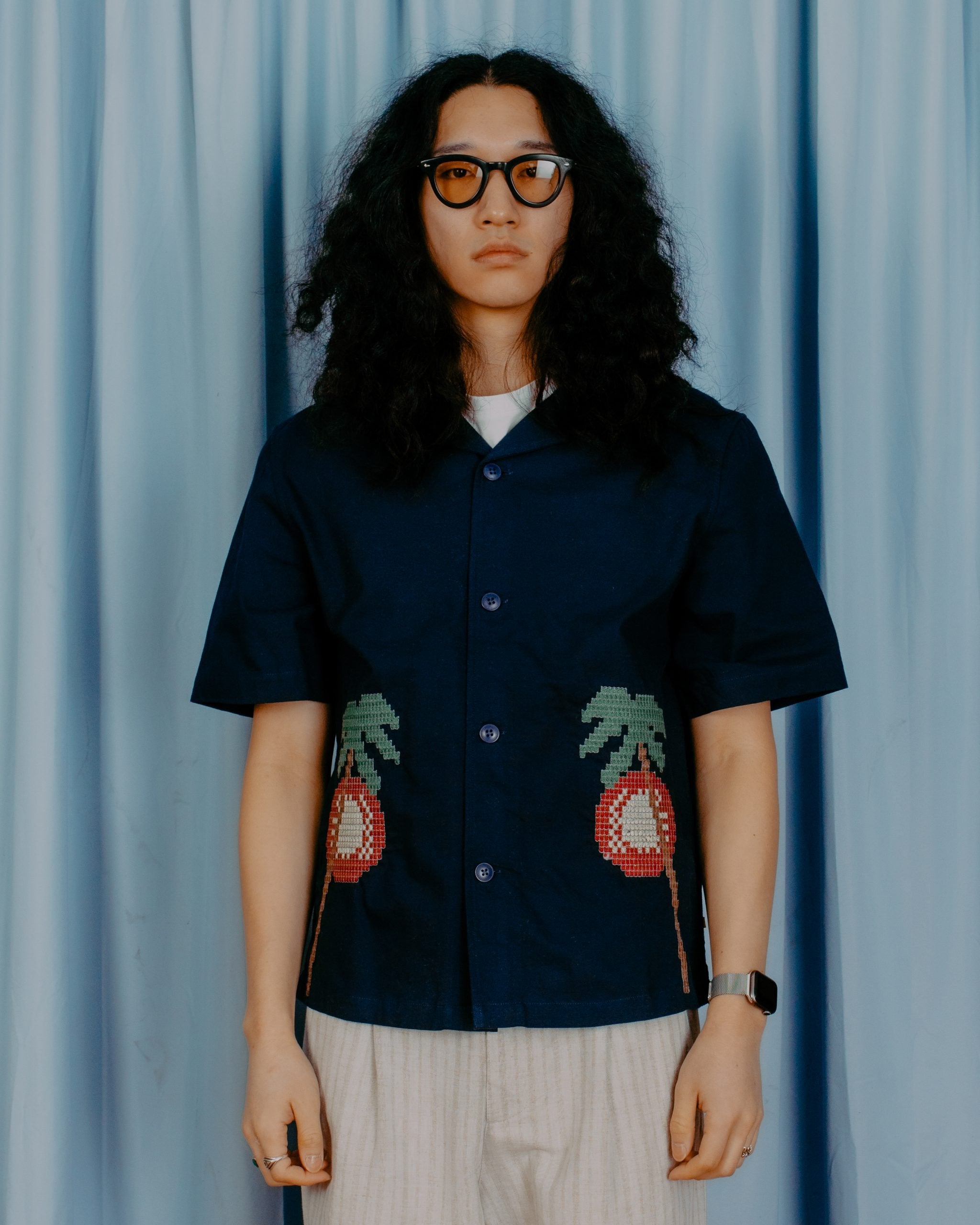 Veloso Bahia Sunset Embroidery S/S Shirt - Navy