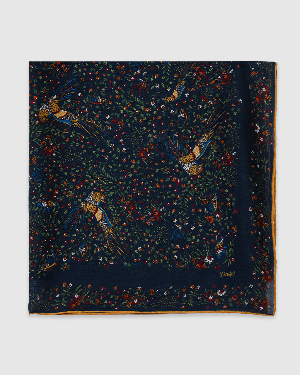 Birds of Paradise Wool/Silk Square Scarf Navy