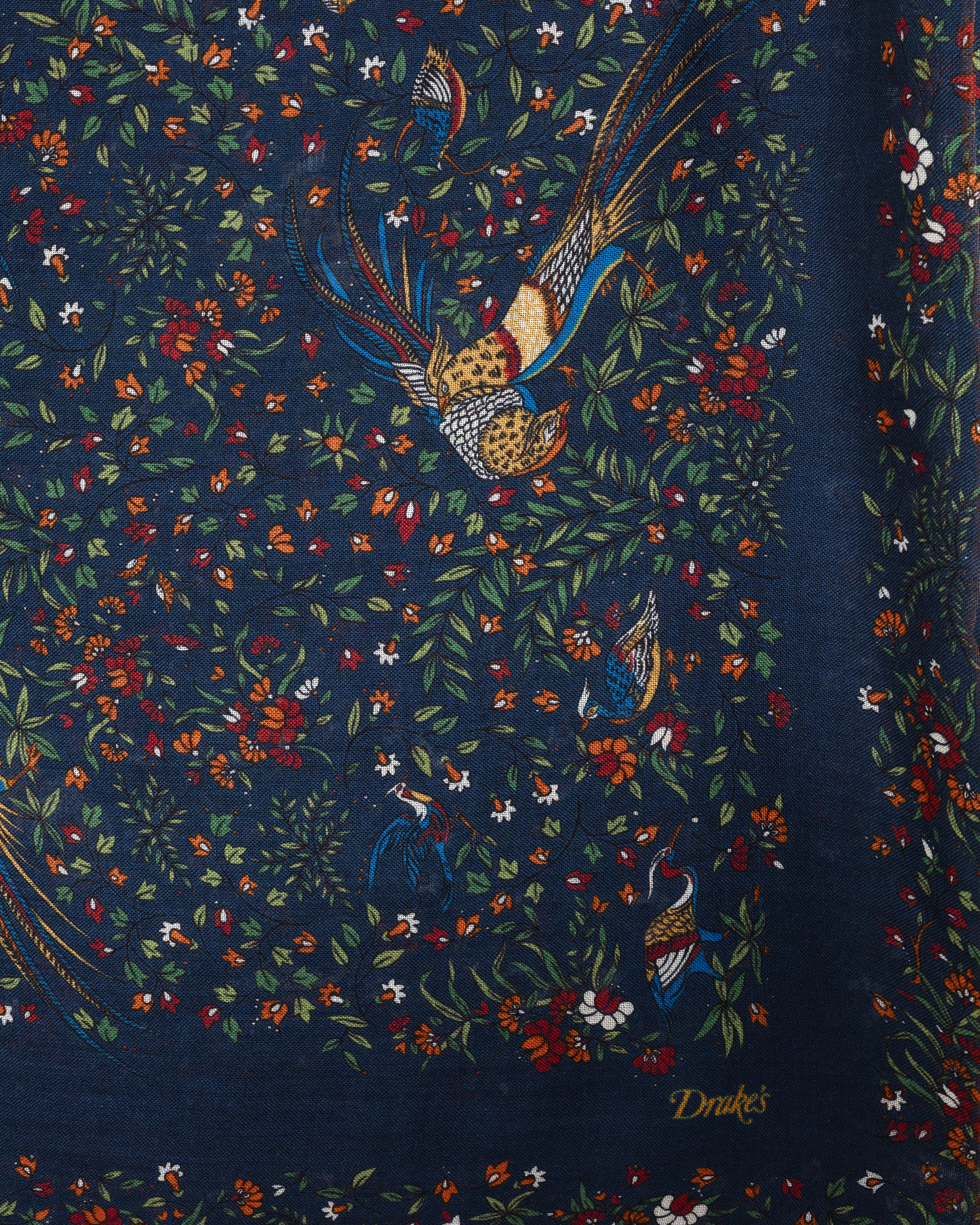 Birds of Paradise Wool/Silk Square Scarf Navy