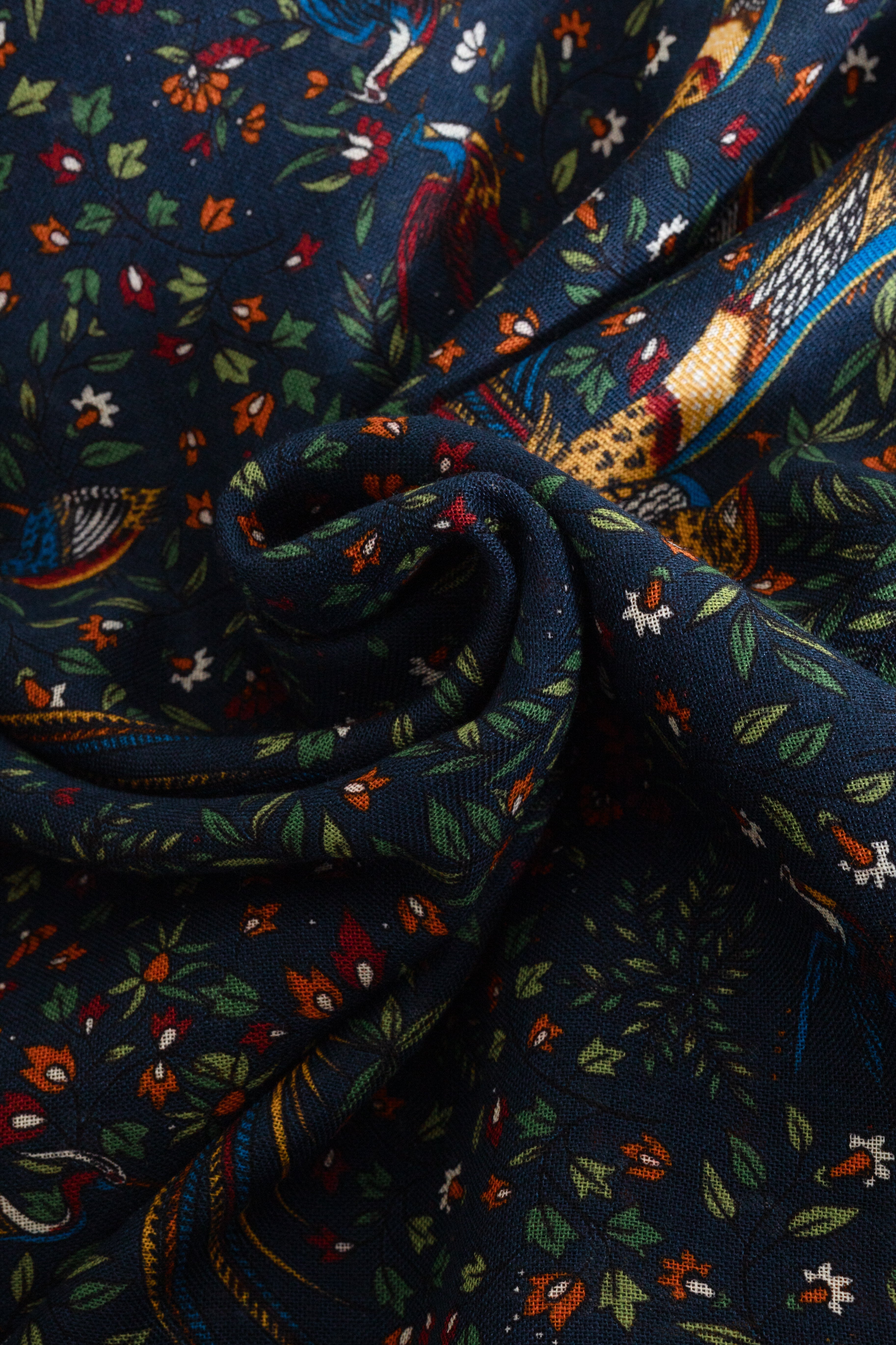 Birds of Paradise Wool/Silk Square Scarf Navy
