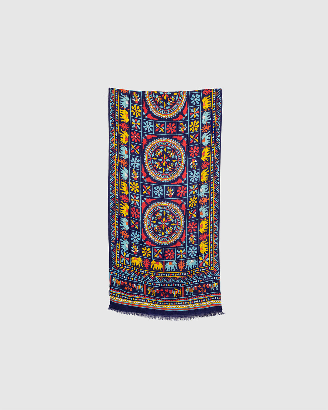 Elephants and Flowers Print Scarf Navy