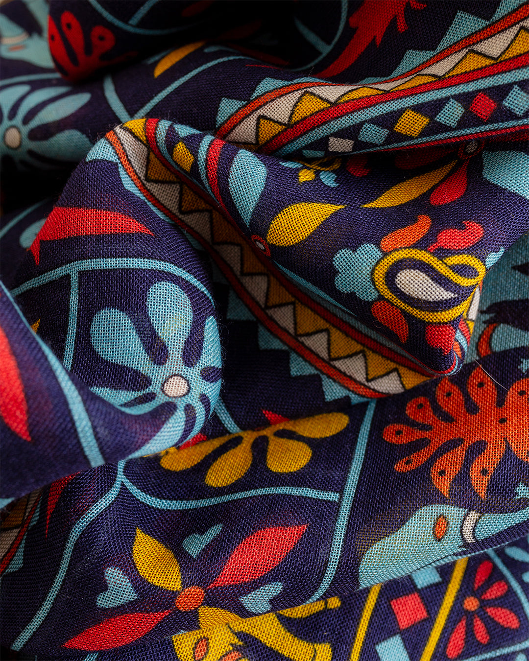 Elephants and Flowers Print Scarf Navy