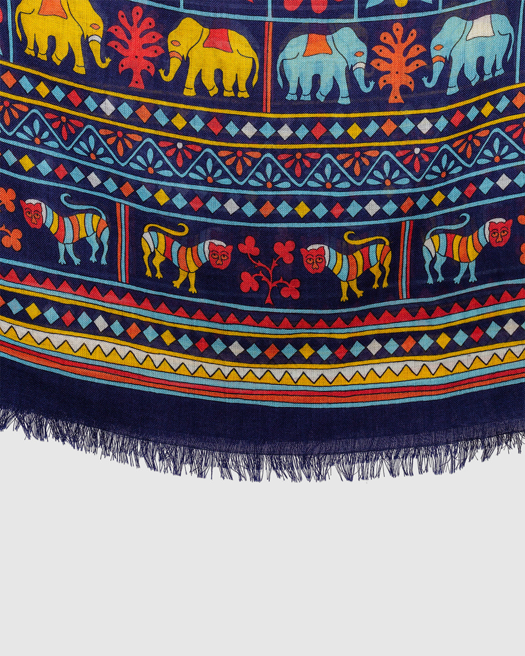 Elephants and Flowers Print Scarf Navy