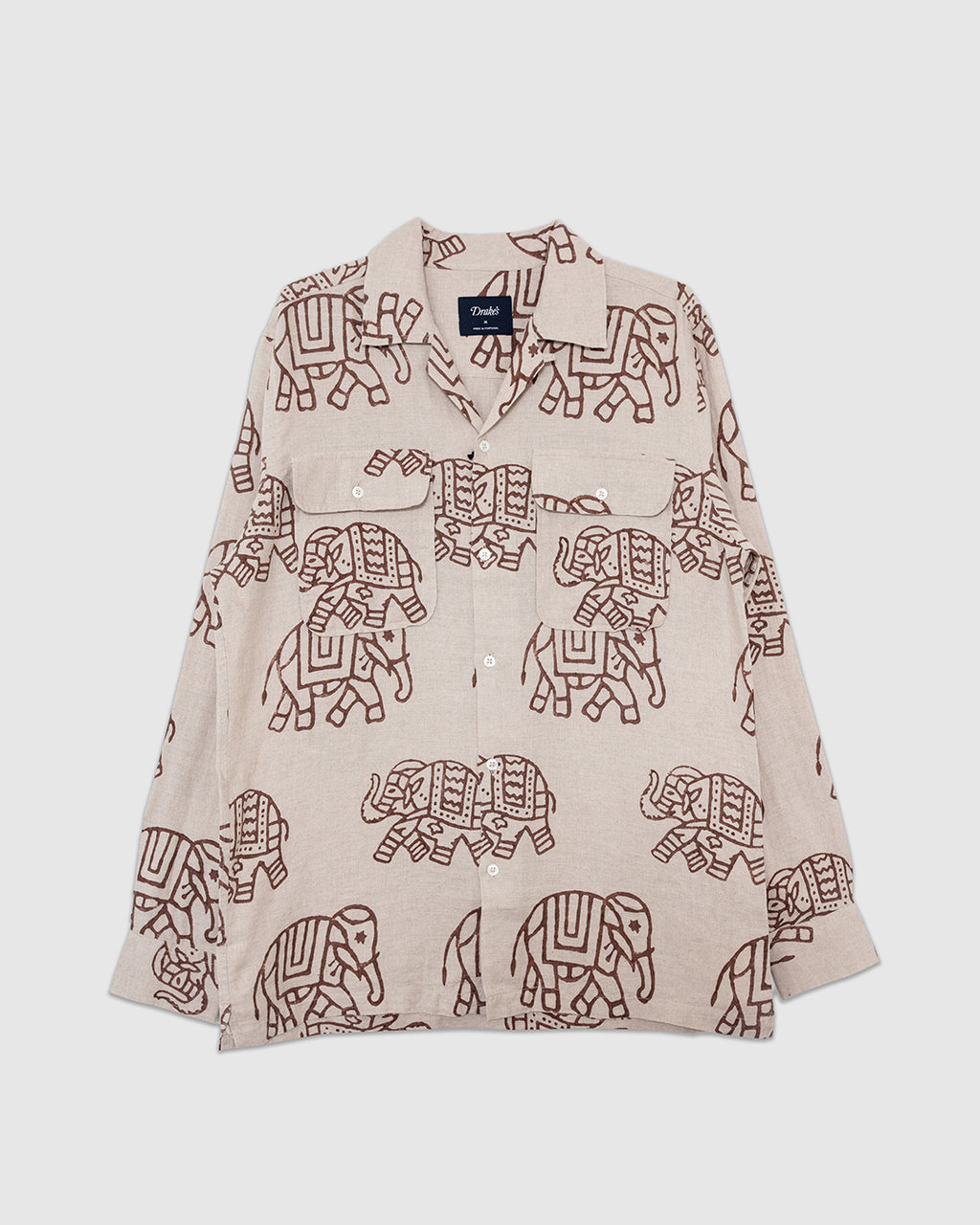Elephants Block Print LS Camp Collar Brown