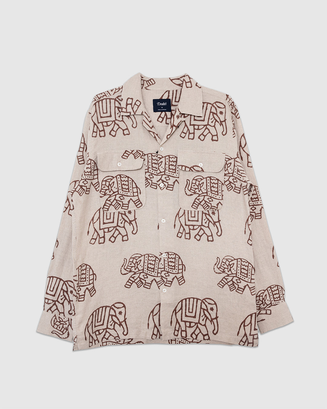 Elephants Block Print LS Camp Collar Brown