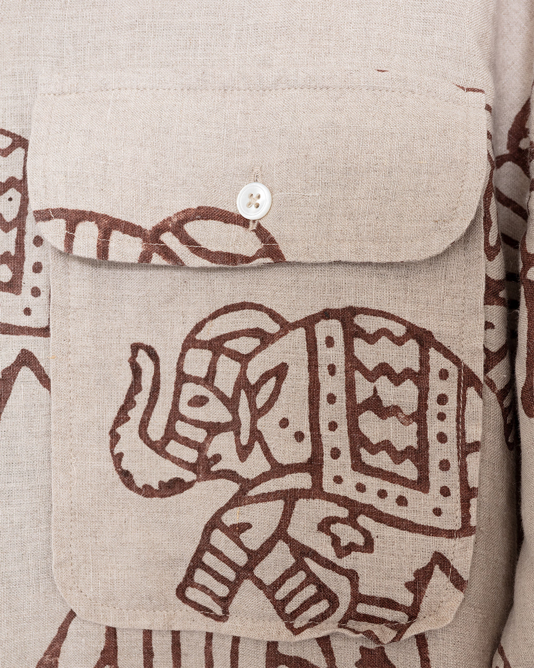 Elephants Block Print LS Camp Collar Brown