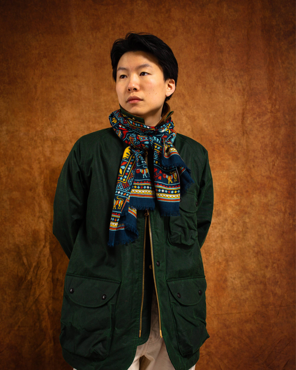 Elephants and Flowers Print Scarf Navy