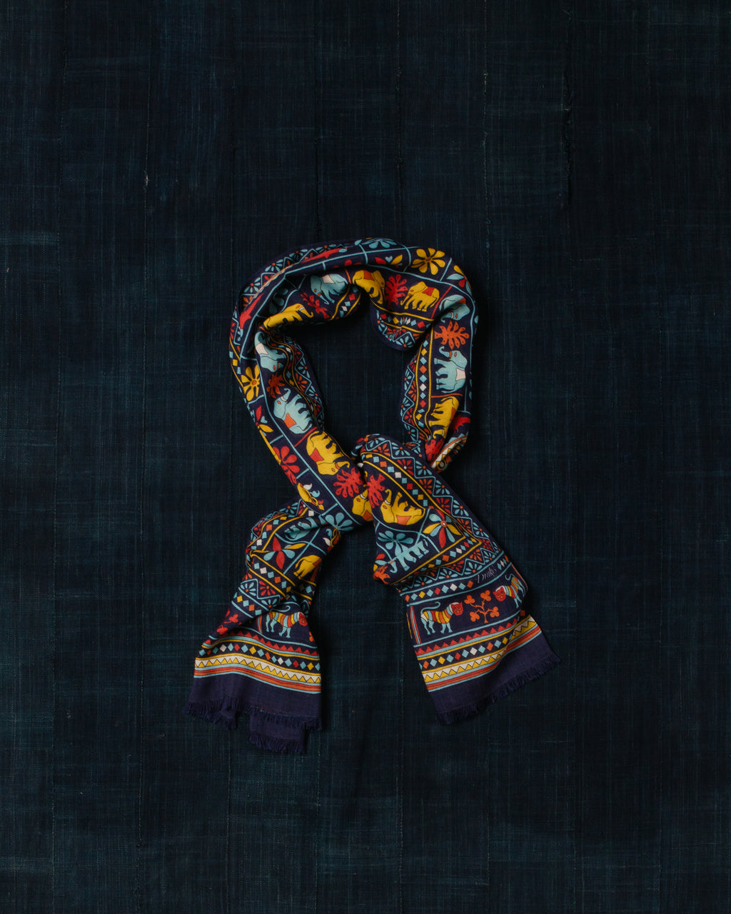 Elephants and Flowers Print Scarf Navy