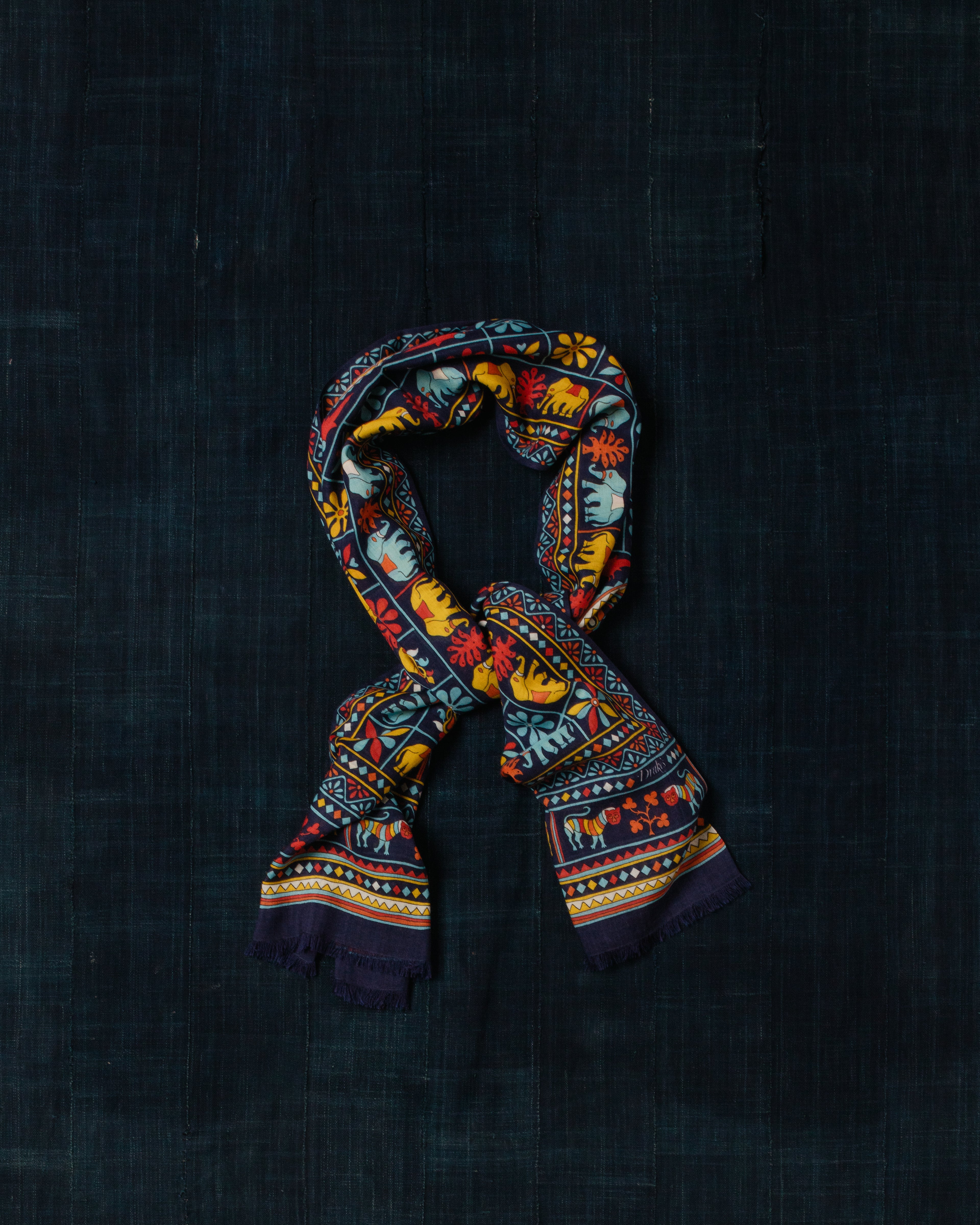 Elephants and Flowers Print Scarf Navy