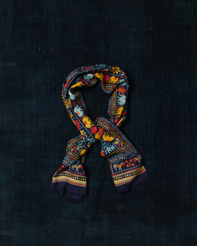Elephants and Flowers Print Scarf Navy