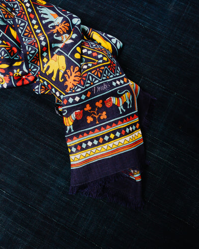 Elephants and Flowers Print Scarf Navy