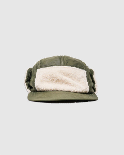 Cold Weather 5 Panal Cap Vintage Wool Pile - Olive/ Ecru