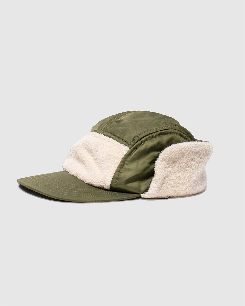 Cold Weather 5 Panal Cap Vintage Wool Pile - Olive/ Ecru