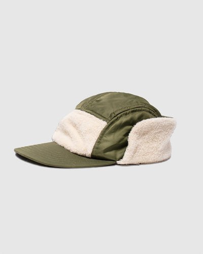 Cold Weather 5 Panal Cap Vintage Wool Pile - Olive/ Ecru