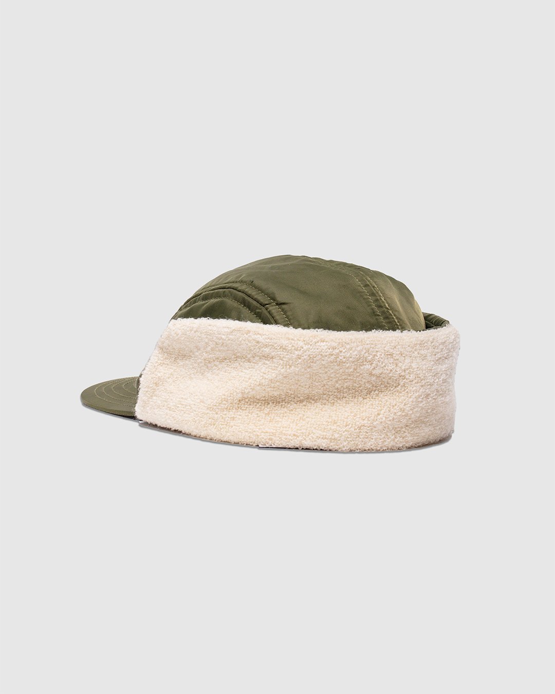 Cold Weather 5 Panal Cap Vintage Wool Pile - Olive/ Ecru