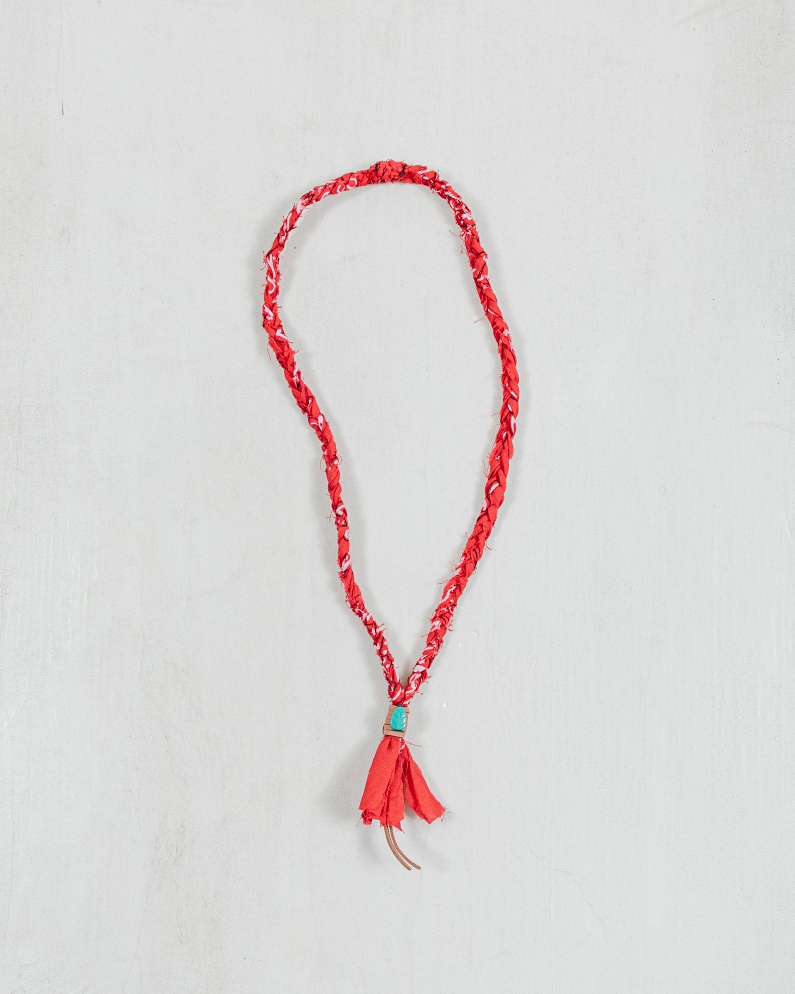 Embrace The Earth Bandana Necklace #9 - Red/ Turquoise-Green Leaf Bead/ Brown Leather