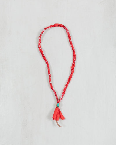 Embrace The Earth Bandana Necklace #9 - Red/ Turquoise-Green Leaf Bead/ Brown Leather