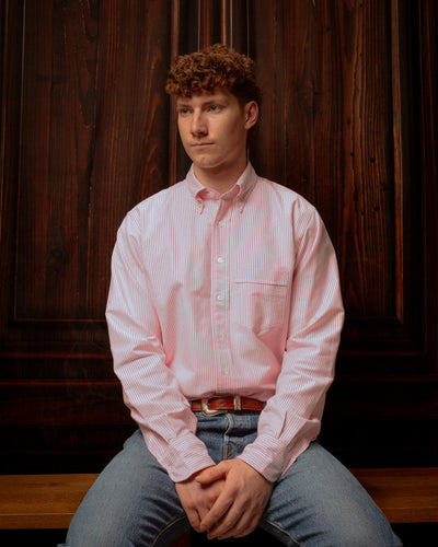 Ticking Stripe Button Down Oxford Shirt Dark Pink