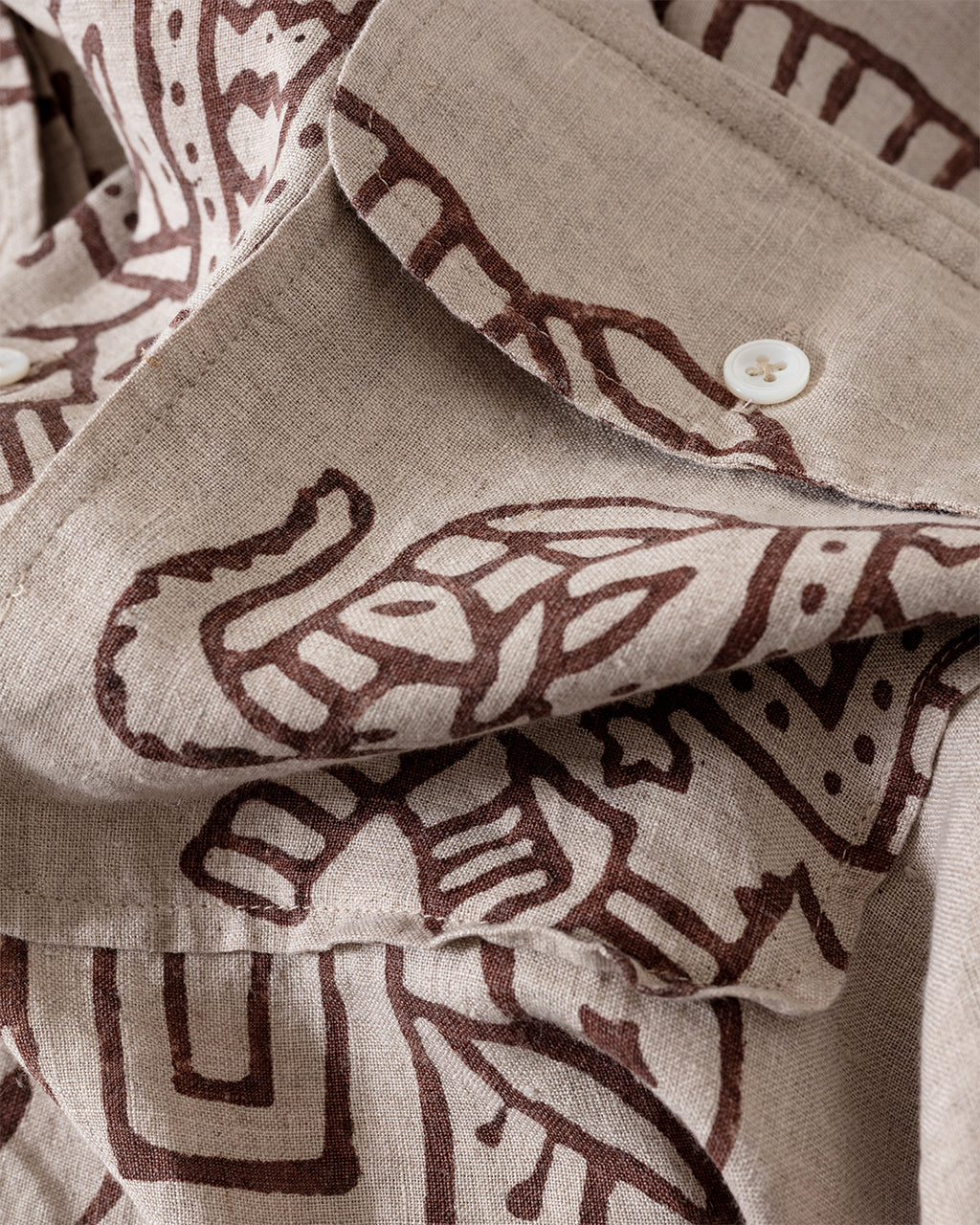 Elephants Block Print LS Camp Collar Brown