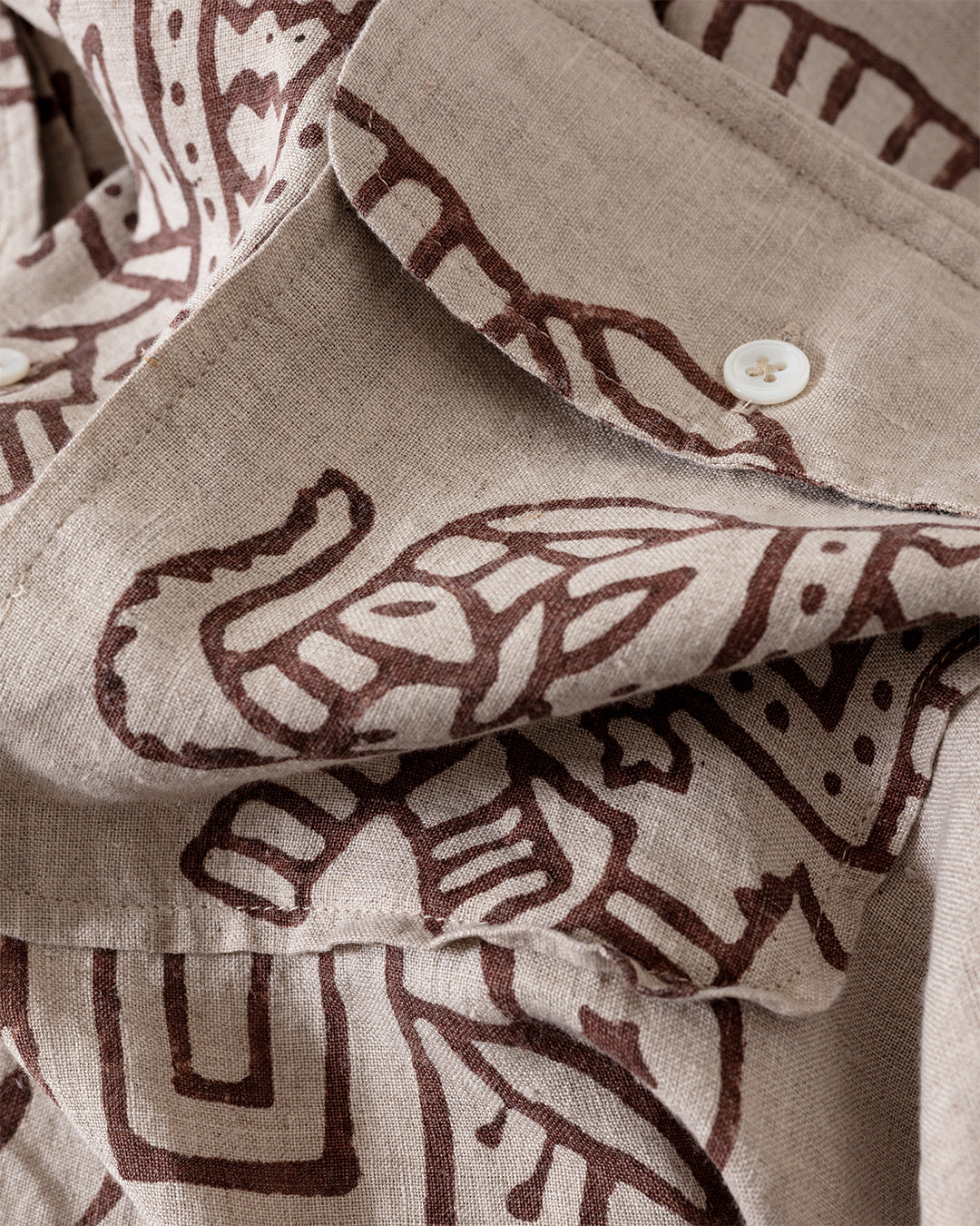 Elephants Block Print LS Camp Collar Brown