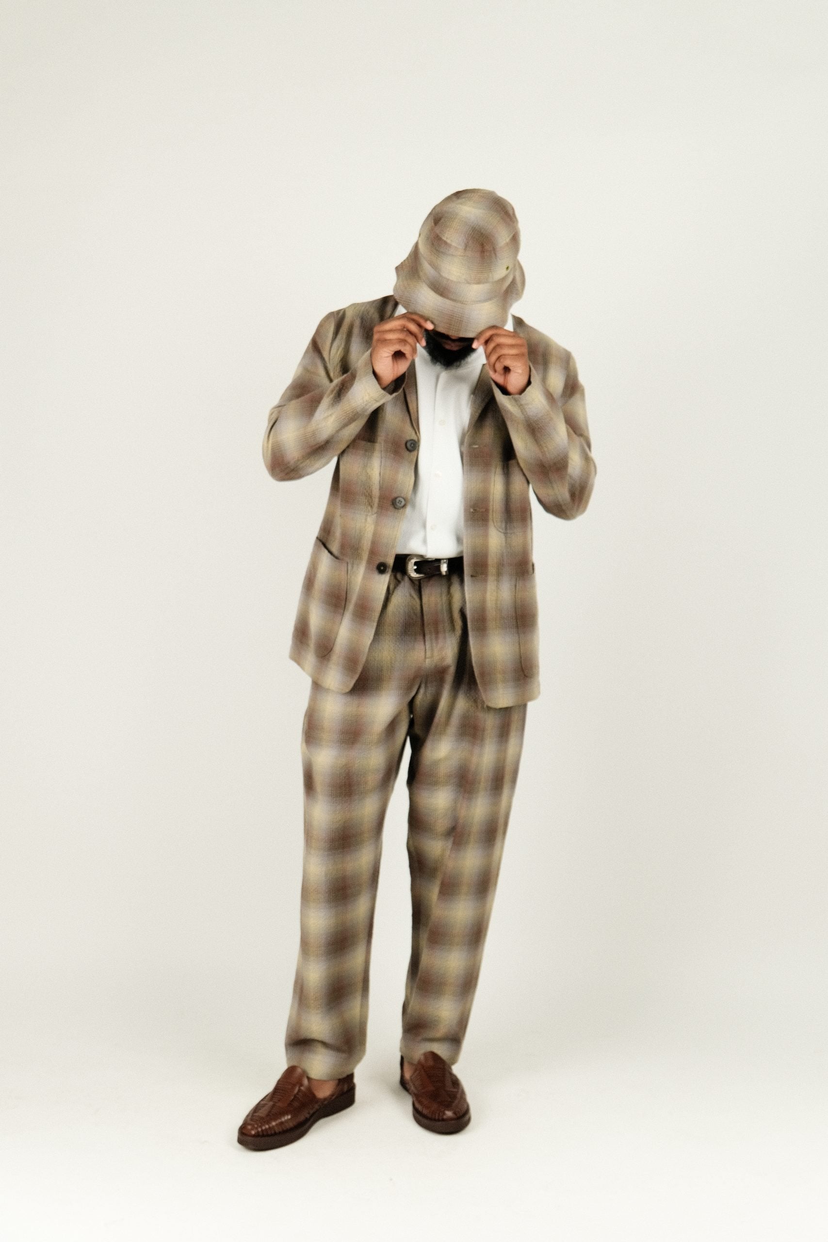 Pleated Track Pant Check Seersucker Olive