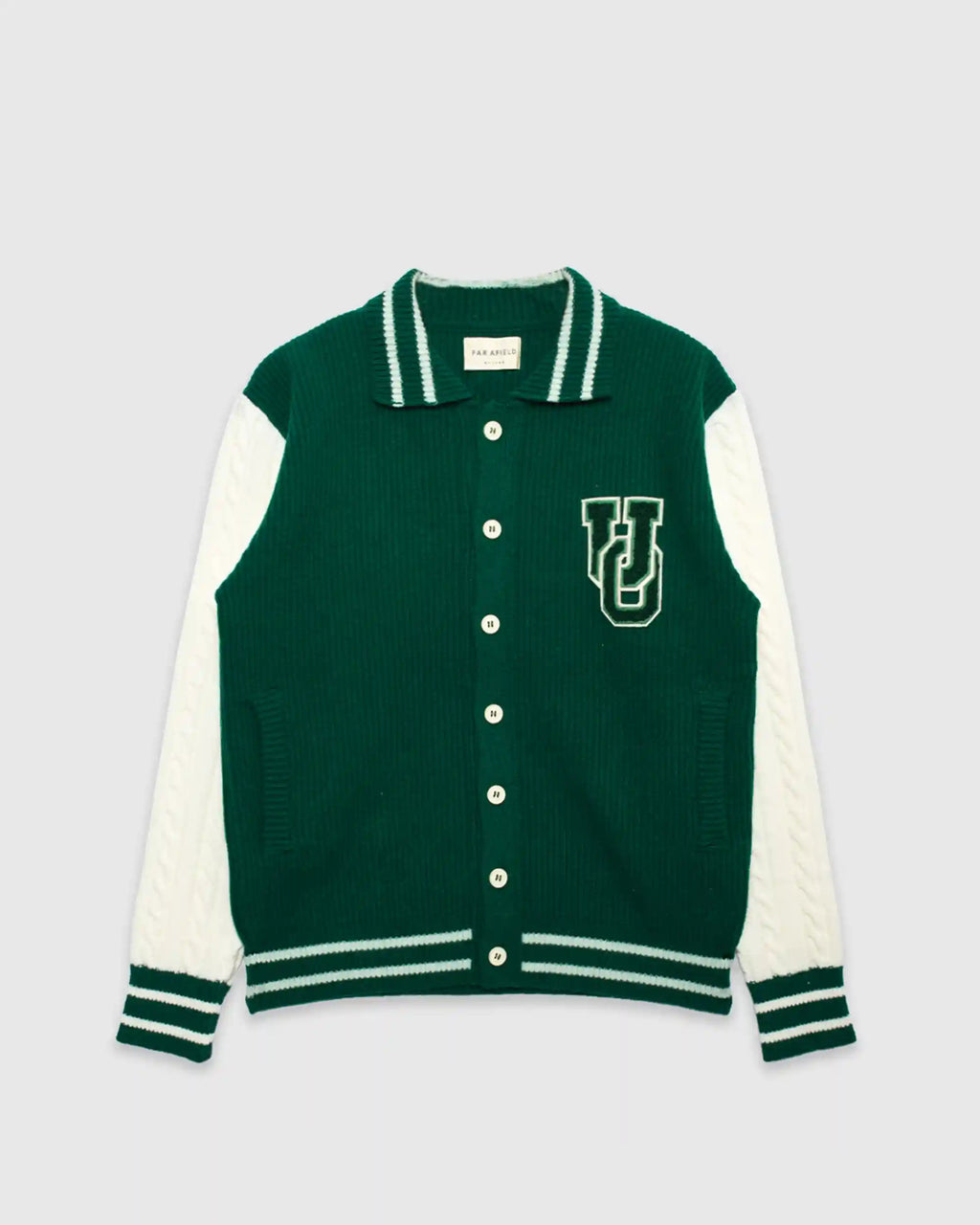 Uncle Otis x Far Afield Varsity Cable Knit Zigger Cardigan Green/ White