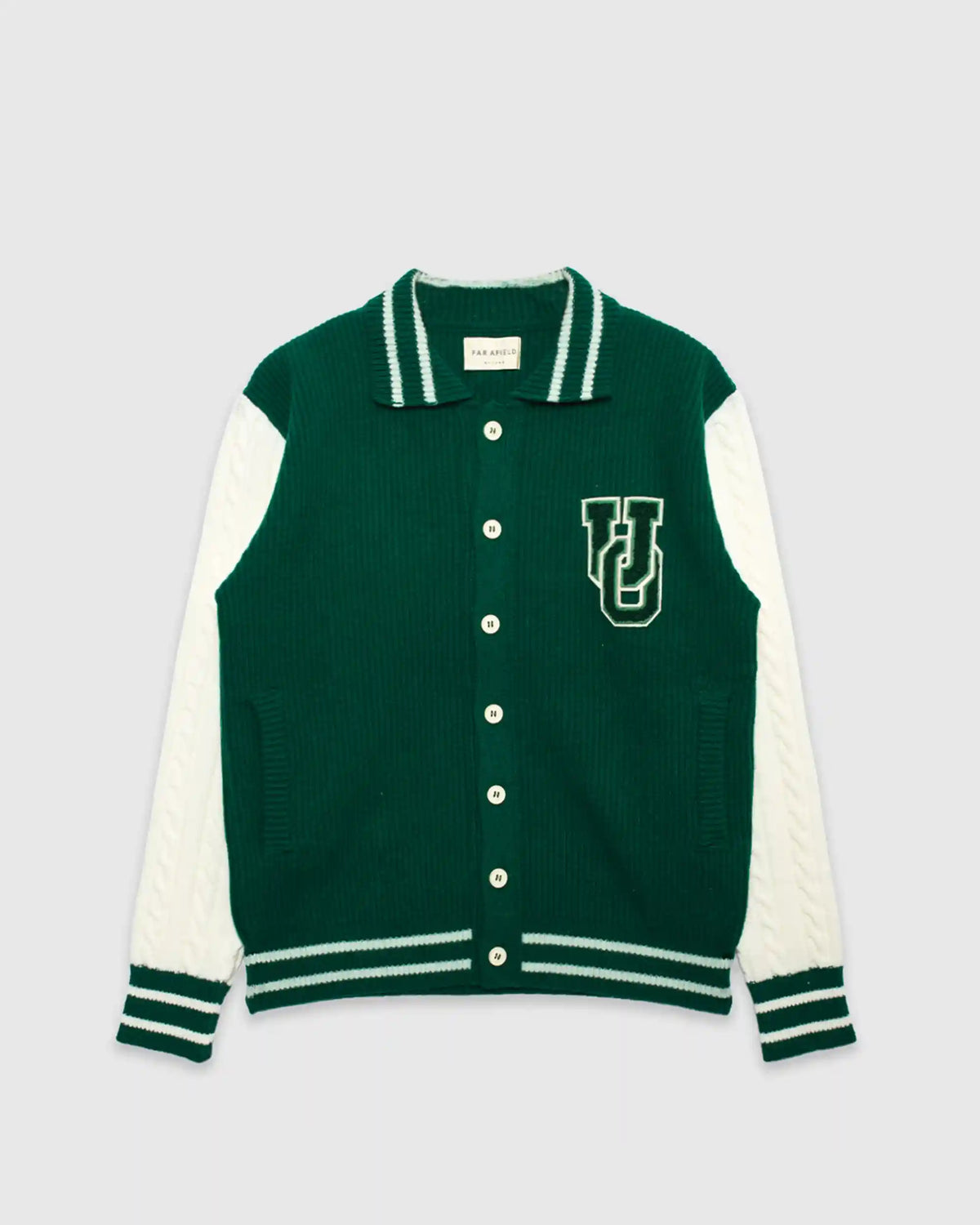 Uncle Otis x Far Afield Varsity Cable Knit Zigger Cardigan Green/ White