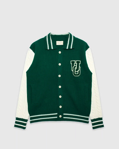 Uncle Otis x Far Afield Varsity Cable Knit Zigger Cardigan Green/ White
